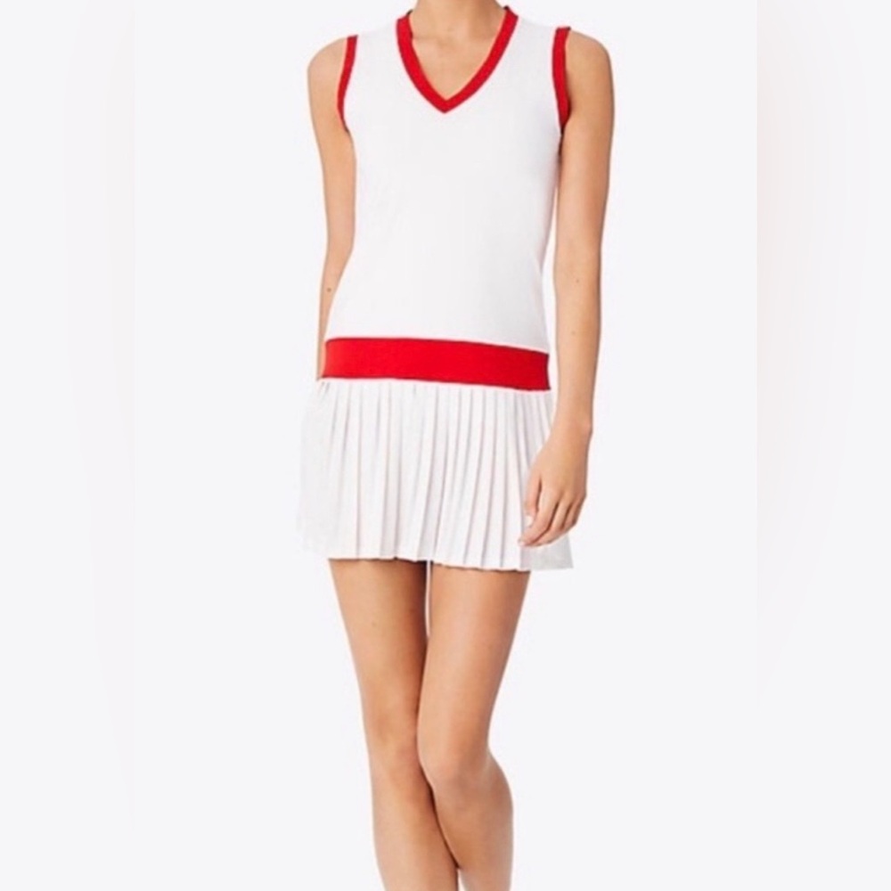 Tory Burch Sports Tennis White Sleeveless V-Neck Mini Dress with Red Trim
